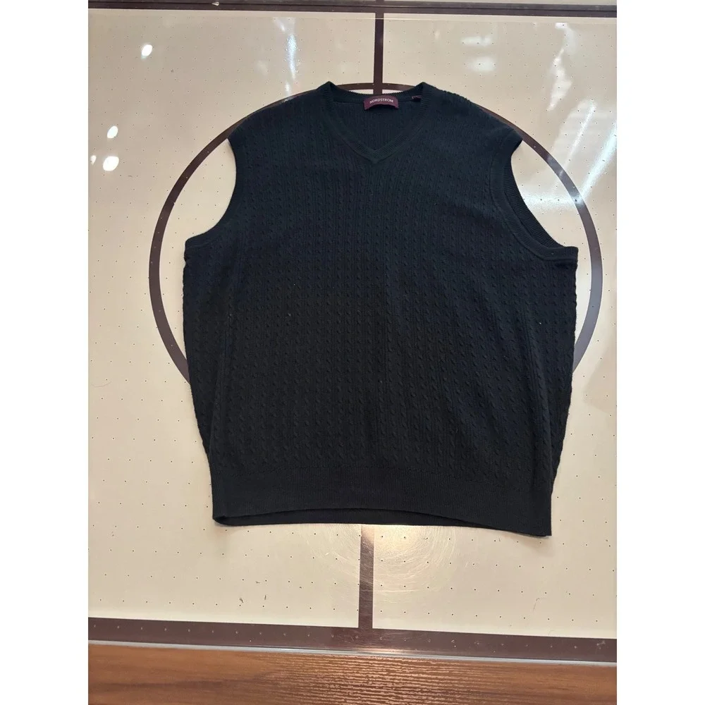 #011 Nordstrom Mens Black Cable Knit V-Neck Sweater Vest Sleeveless Large L